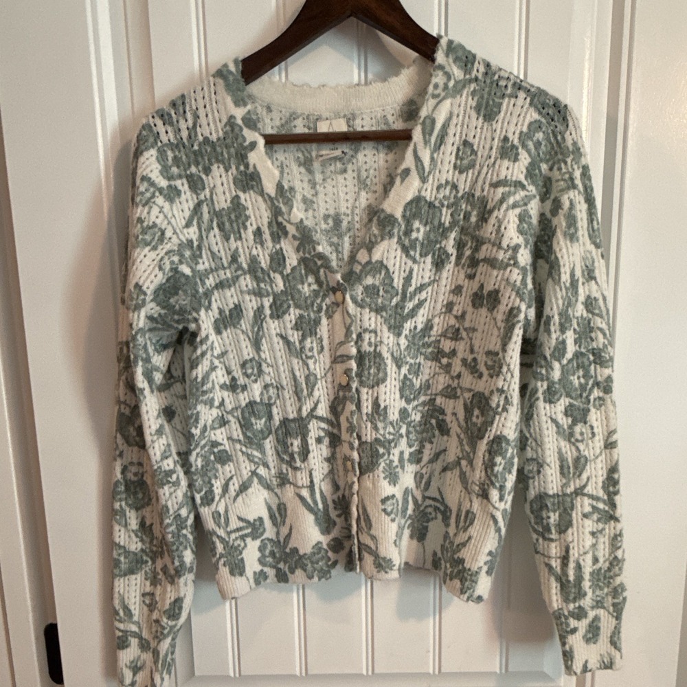 Joie Women's Knit V-Neck Long Sleeve Button Front Cardigan Floral White/Green S